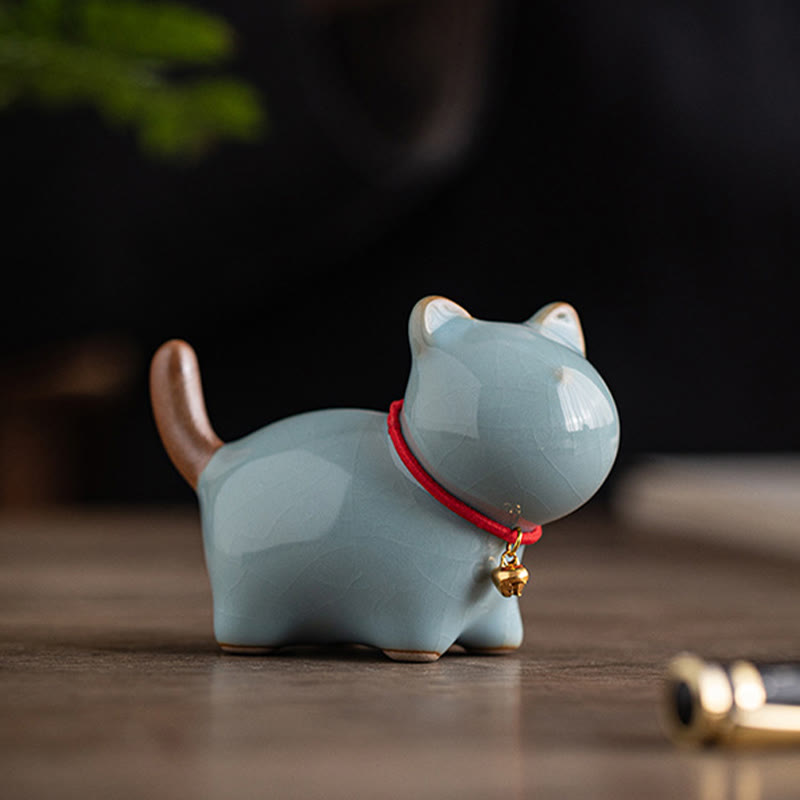 Buddha Stones Mini Lucky Cute Standing Cat Red Rope Bell Ceramic Figurine Decoration - image 18