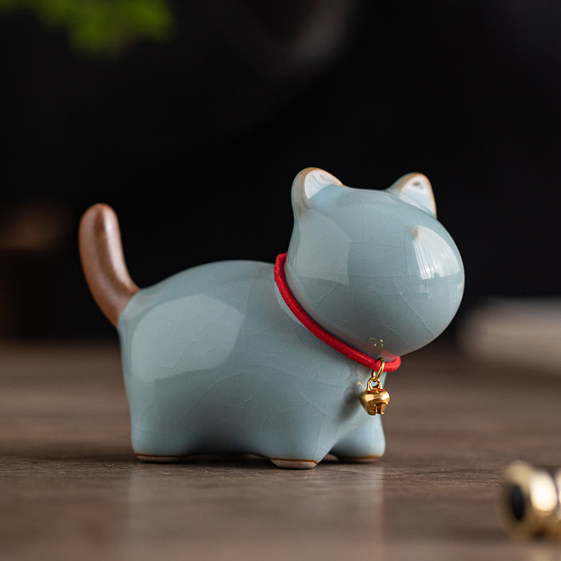 Buddha Stones Mini Lucky Cute Standing Cat Red Rope Bell Ceramic Figurine Decoration - image 16