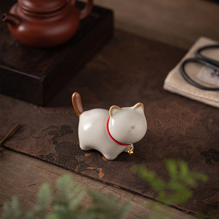 Buddha Stones Mini Lucky Cute Standing Cat Red Rope Bell Ceramic Figurine Decoration - image 8