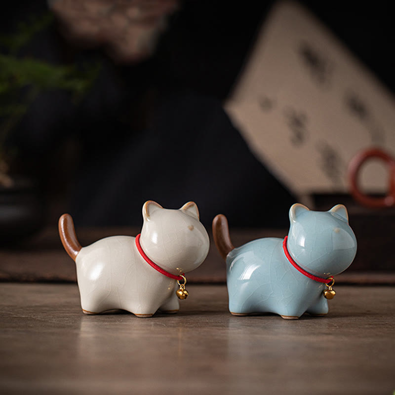 Buddha Stones Mini Lucky Cute Standing Cat Red Rope Bell Ceramic Figurine Decoration - image 1