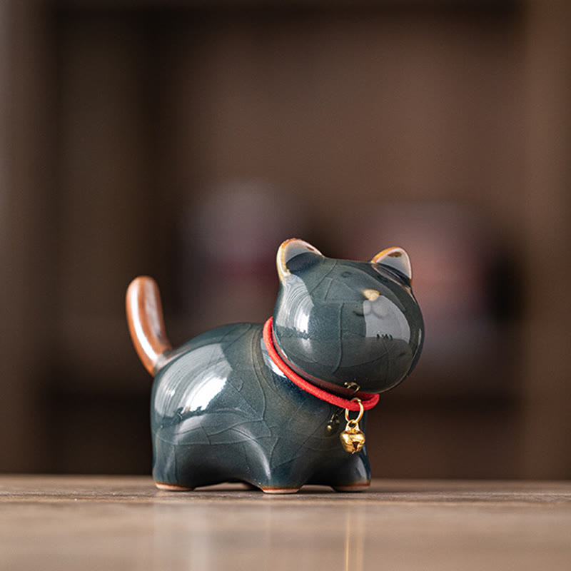 Buddha Stones Mini Lucky Cute Standing Cat Red Rope Bell Ceramic Figurine Decoration - Dark Blue(7.6*3.9*5.6cm) - image 19