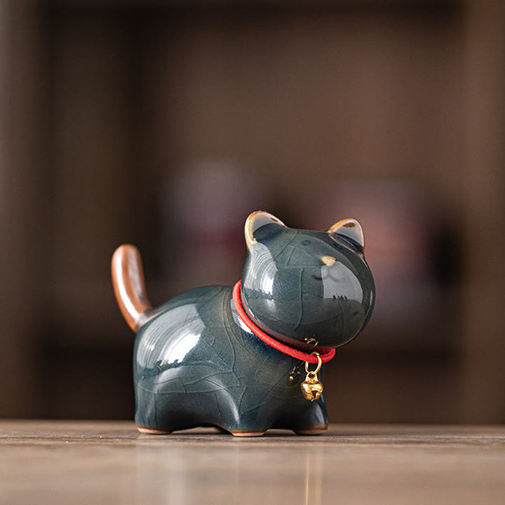 Buddha Stones Mini Lucky Cute Standing Cat Red Rope Bell Ceramic Figurine Decoration - Dark Blue(7.6*3.9*5.6cm) - image 19