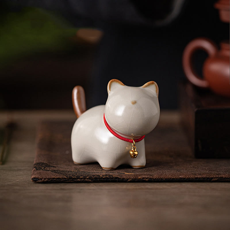 Buddha Stones Mini Lucky Cute Standing Cat Red Rope Bell Ceramic Figurine Decoration - image 3