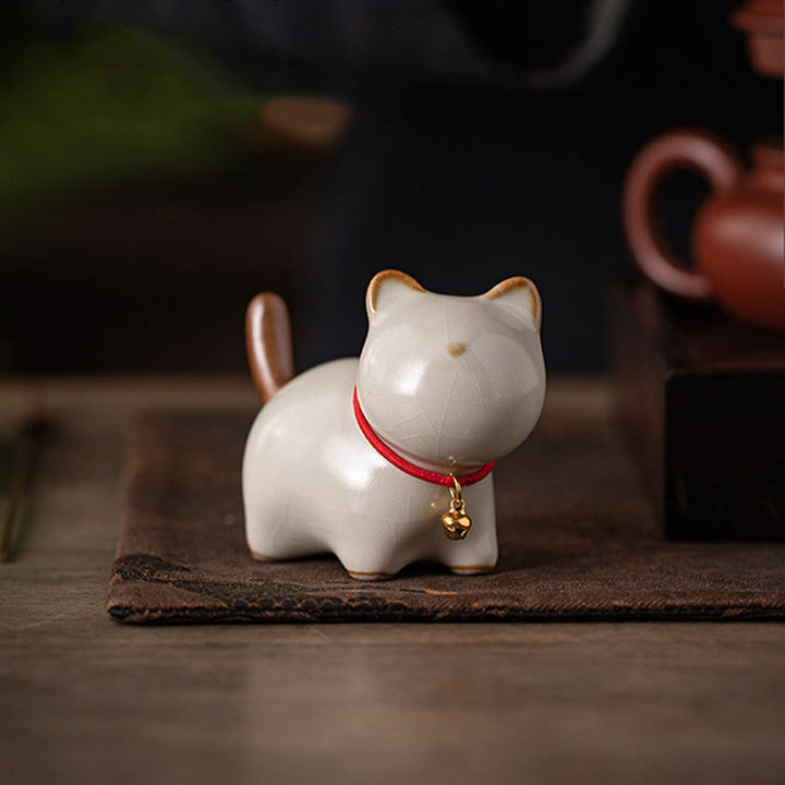 Buddha Stones Mini Lucky Cute Standing Cat Red Rope Bell Ceramic Figurine Decoration - image 3