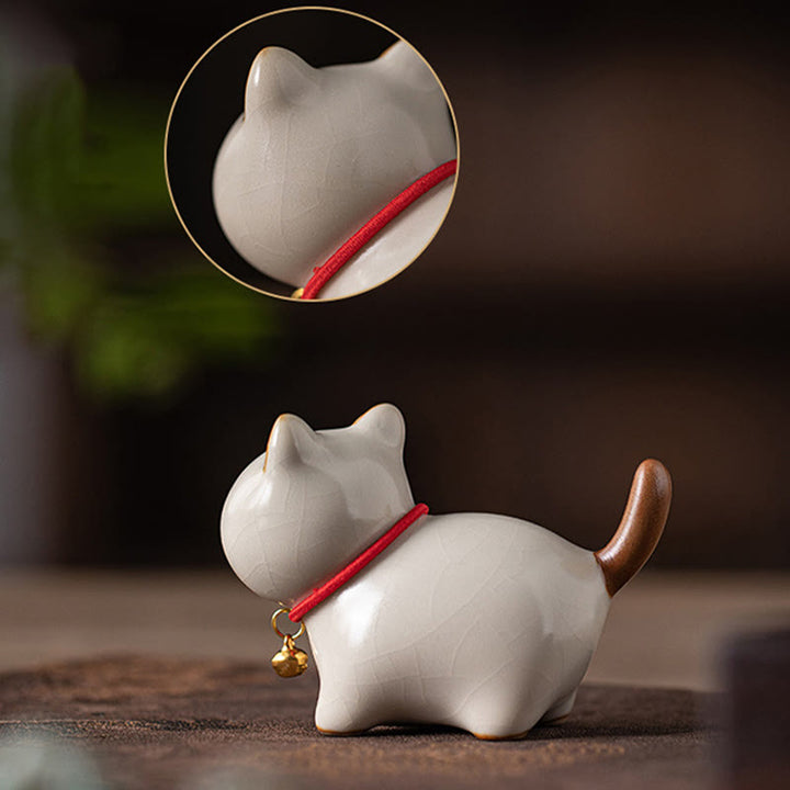 Buddha Stones Mini Lucky Cute Standing Cat Red Rope Bell Ceramic Figurine Decoration - image 11