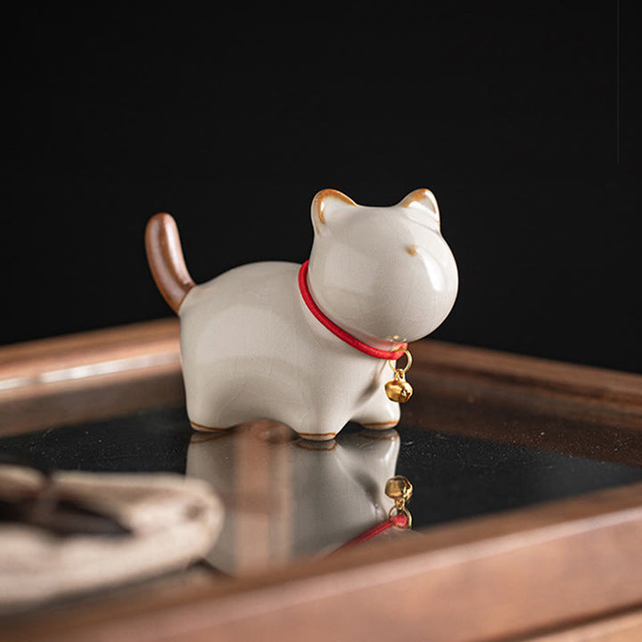 Buddha Stones Mini Lucky Cute Standing Cat Red Rope Bell Ceramic Figurine Decoration - image 6