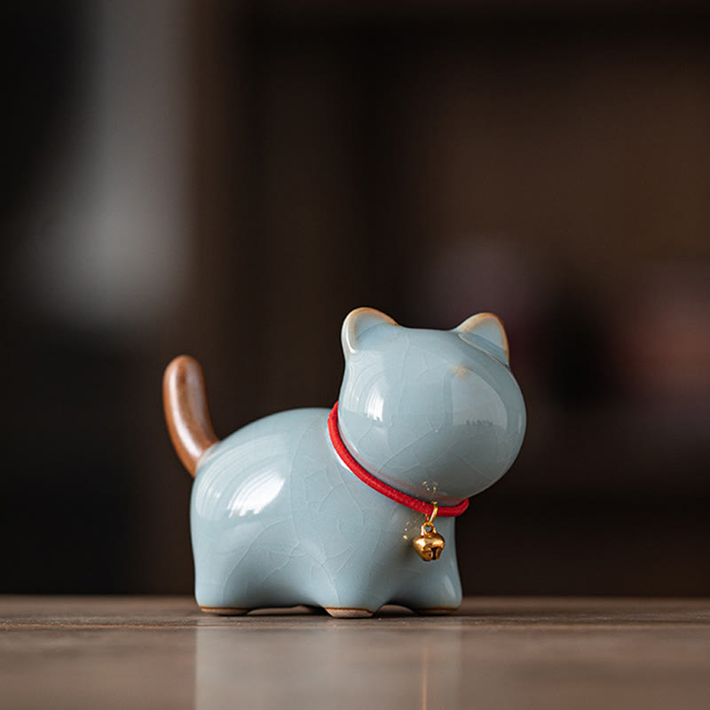 Buddha Stones Mini Lucky Cute Standing Cat Red Rope Bell Ceramic Figurine Decoration - Blue(7.6*3.9*5.6cm) - image 15