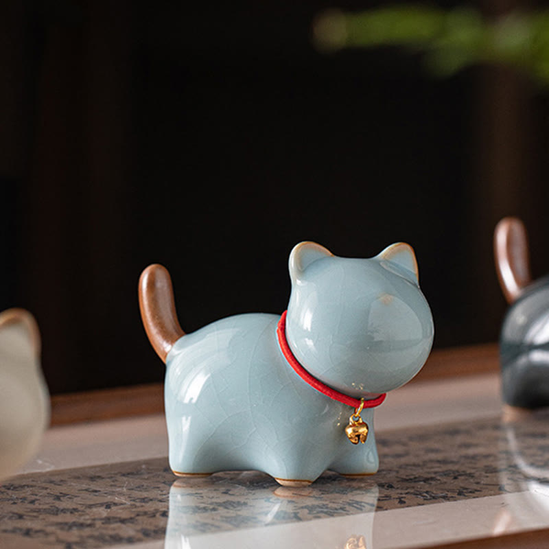 Buddha Stones Mini Lucky Cute Standing Cat Red Rope Bell Ceramic Figurine Decoration - image 17