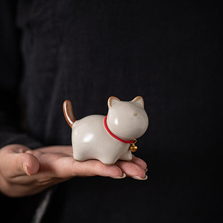 Buddha Stones Mini Lucky Cute Standing Cat Red Rope Bell Ceramic Figurine Decoration - image 9