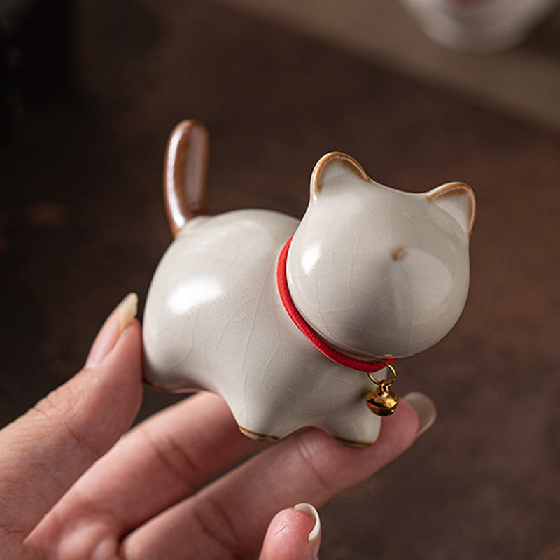 Buddha Stones Mini Lucky Cute Standing Cat Red Rope Bell Ceramic Figurine Decoration - image 7