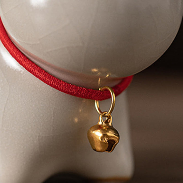 Buddha Stones Mini Lucky Cute Standing Cat Red Rope Bell Ceramic Figurine Decoration - image 12