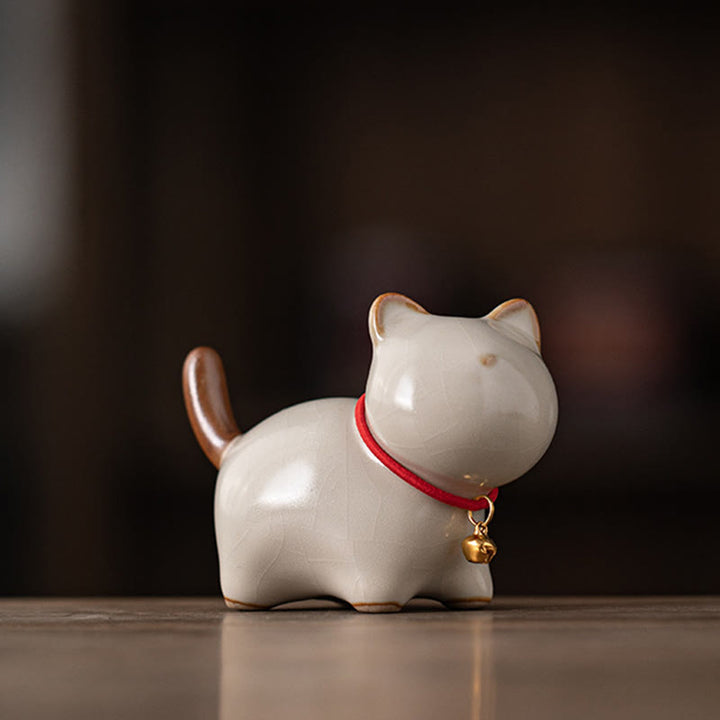 Buddha Stones Mini Lucky Cute Standing Cat Red Rope Bell Ceramic Figurine Decoration - Beige(7.6*3.9*5.6cm) - image 2
