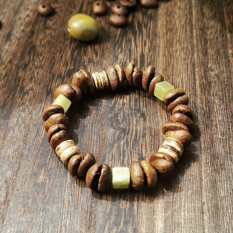 Buddha Stones Handmade Natural Coffee Beans Coconut Shell Square Jade Positive Bracelet - Coffee Beans(Wrist Circumference 14-17cm) - image 1