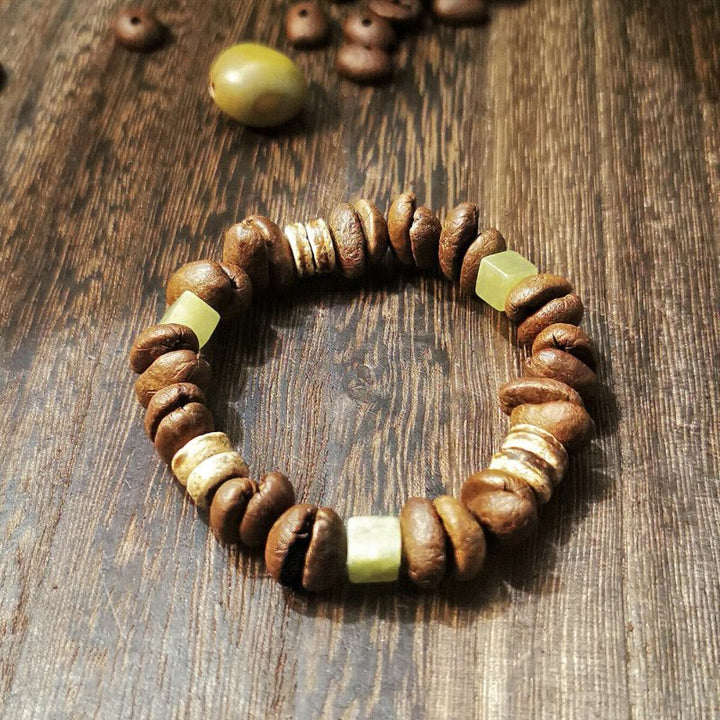 Buddha Stones Handmade Natural Coffee Beans Coconut Shell Square Jade Positive Bracelet - Coffee Beans(Wrist Circumference 14-17cm) - image 1