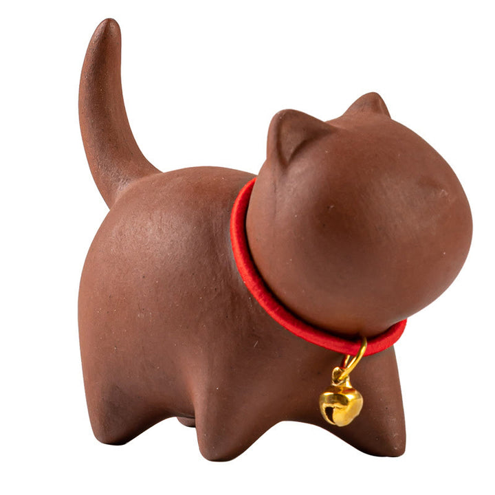 Buddha Stones Mini Lovely Red Rope Bell Cat Tea Pet Purple Clay Figurine Desk Decoration - image 6