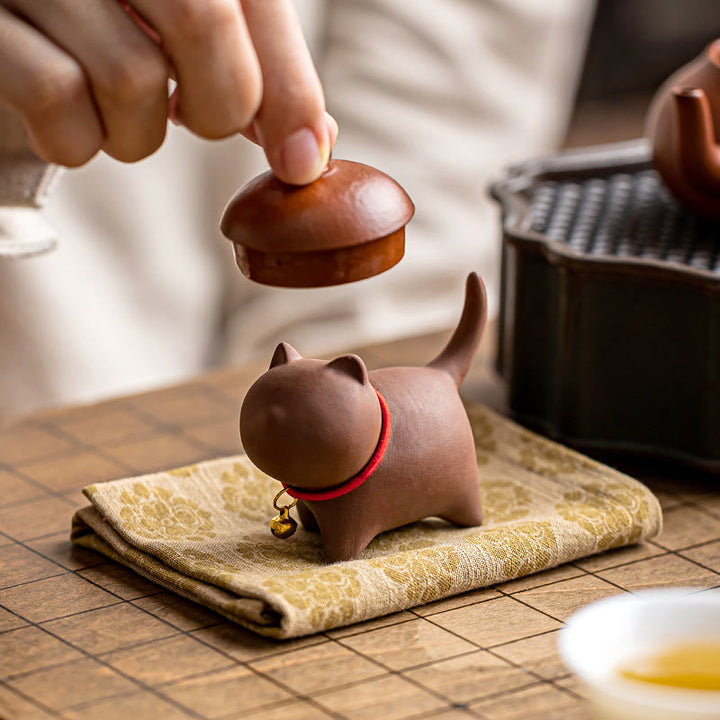 Buddha Stones Mini Lovely Red Rope Bell Cat Tea Pet Purple Clay Figurine Desk Decoration - image 5