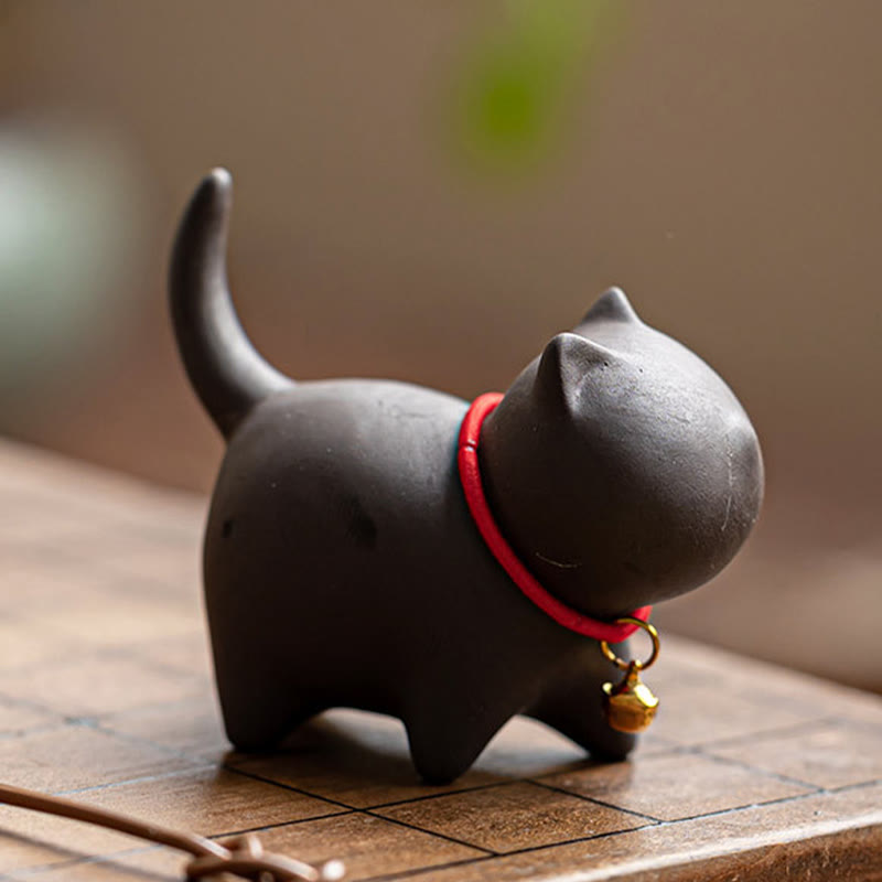 Buddha Stones Mini Lovely Red Rope Bell Cat Tea Pet Purple Clay Figurine Desk Decoration - image 9