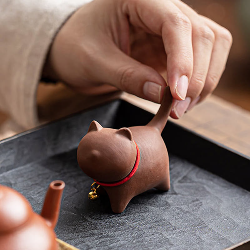 Buddha Stones Mini Lovely Red Rope Bell Cat Tea Pet Purple Clay Figurine Desk Decoration - image 4