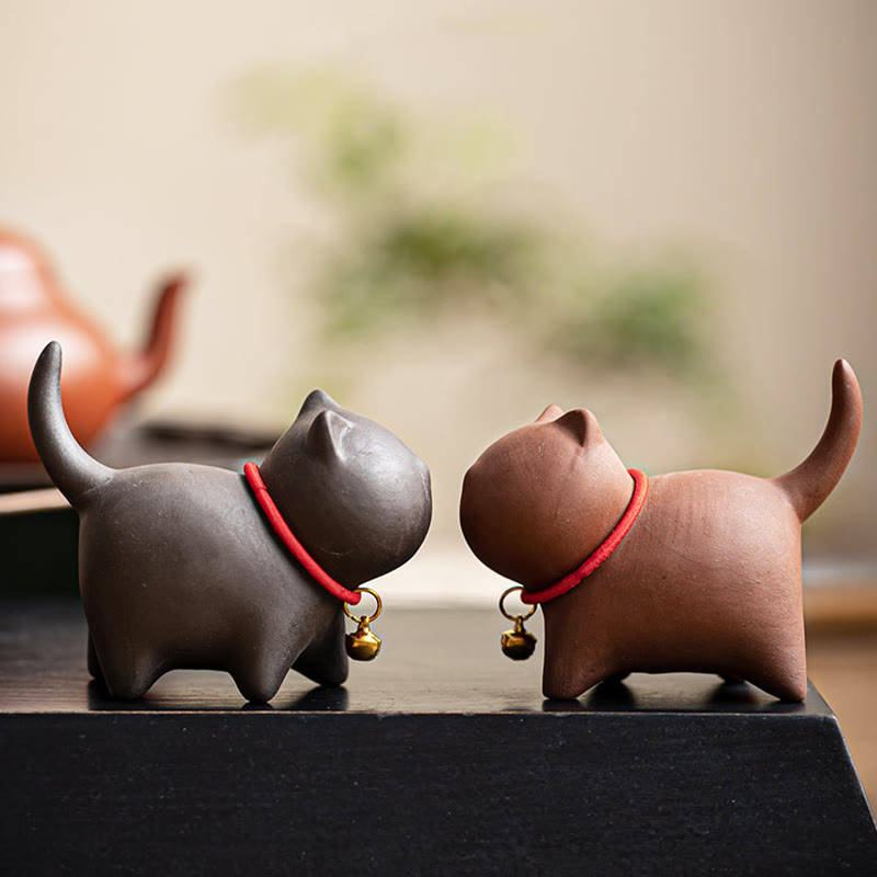 Buddha Stones Mini Lovely Red Rope Bell Cat Tea Pet Purple Clay Figurine Desk Decoration - image 13