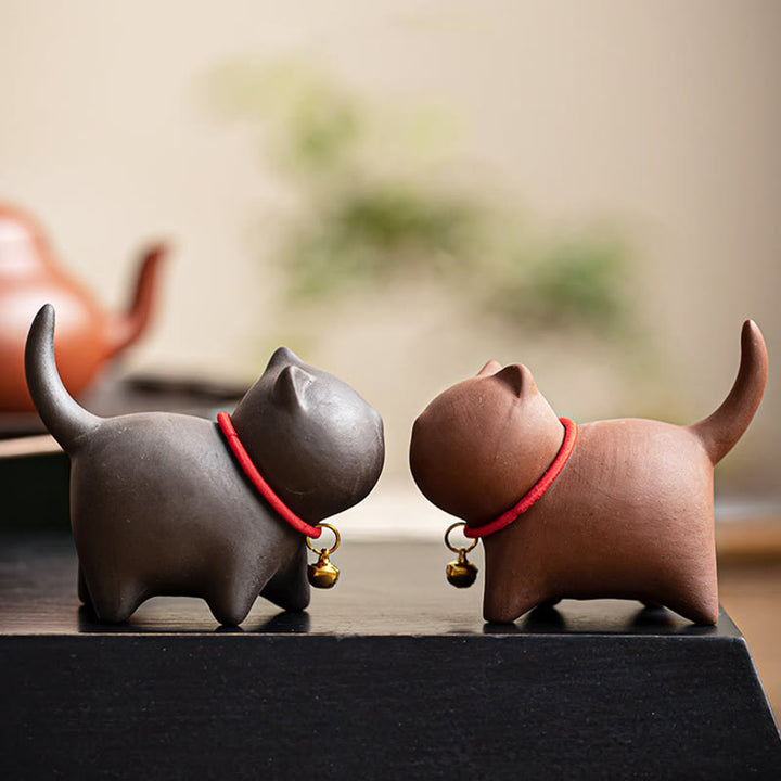 Buddha Stones Mini Lovely Red Rope Bell Cat Tea Pet Purple Clay Figurine Desk Decoration - image 13
