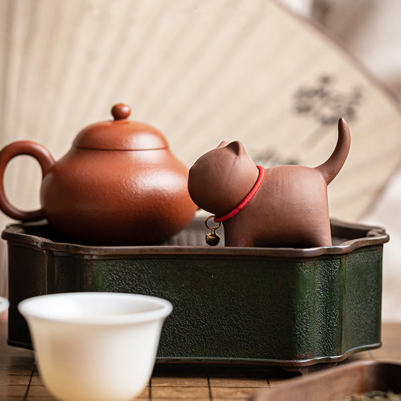 Buddha Stones Mini Lovely Red Rope Bell Cat Tea Pet Purple Clay Figurine Desk Decoration - image 3