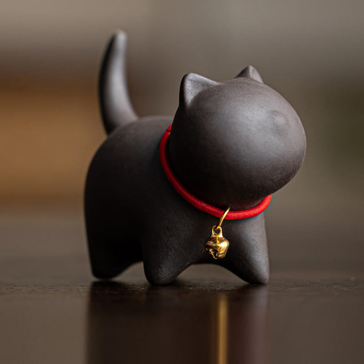 Buddha Stones Mini Lovely Red Rope Bell Cat Tea Pet Purple Clay Figurine Desk Decoration - Black Cat (6.7*5.0*5.7cm) - image 8