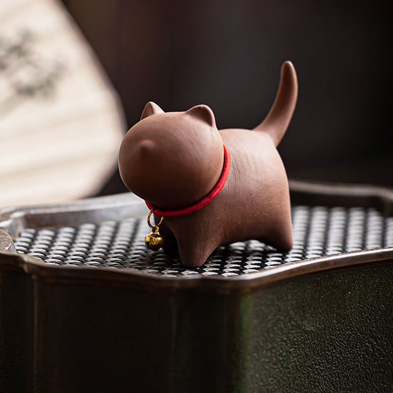 Buddha Stones Mini Lovely Red Rope Bell Cat Tea Pet Purple Clay Figurine Desk Decoration - image 7