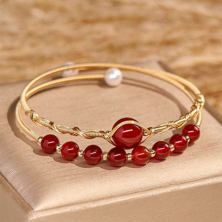Buddha Stones 14K Gold Filled Copper Natural Red Agate Beads Confidence Metal Cuff Bracelet Bangle - Red Agate(Wrist Circumference 14-16 cm) - image 1