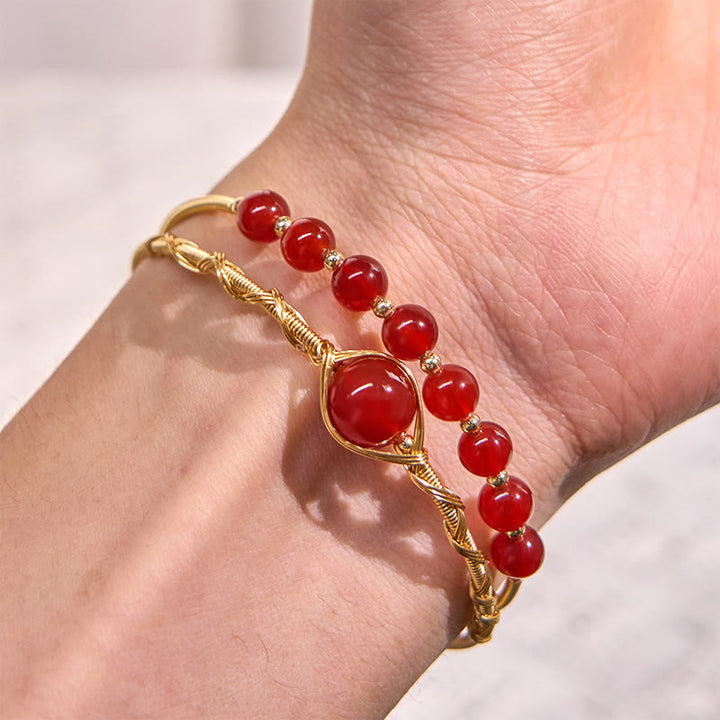 Buddha Stones 14K Gold Filled Copper Natural Red Agate Beads Confidence Metal Cuff Bracelet Bangle - image 5