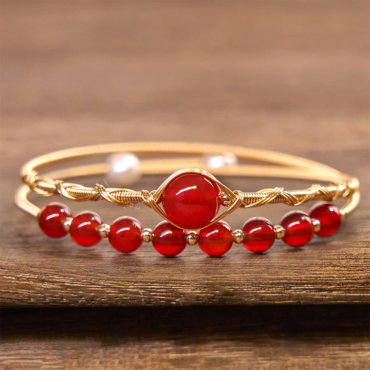 Buddha Stones 14K Gold Filled Copper Natural Red Agate Beads Confidence Metal Cuff Bracelet Bangle - image 2