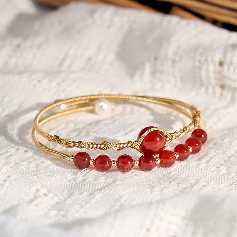 Buddha Stones 14K Gold Filled Copper Natural Red Agate Beads Confidence Metal Cuff Bracelet Bangle - image 3