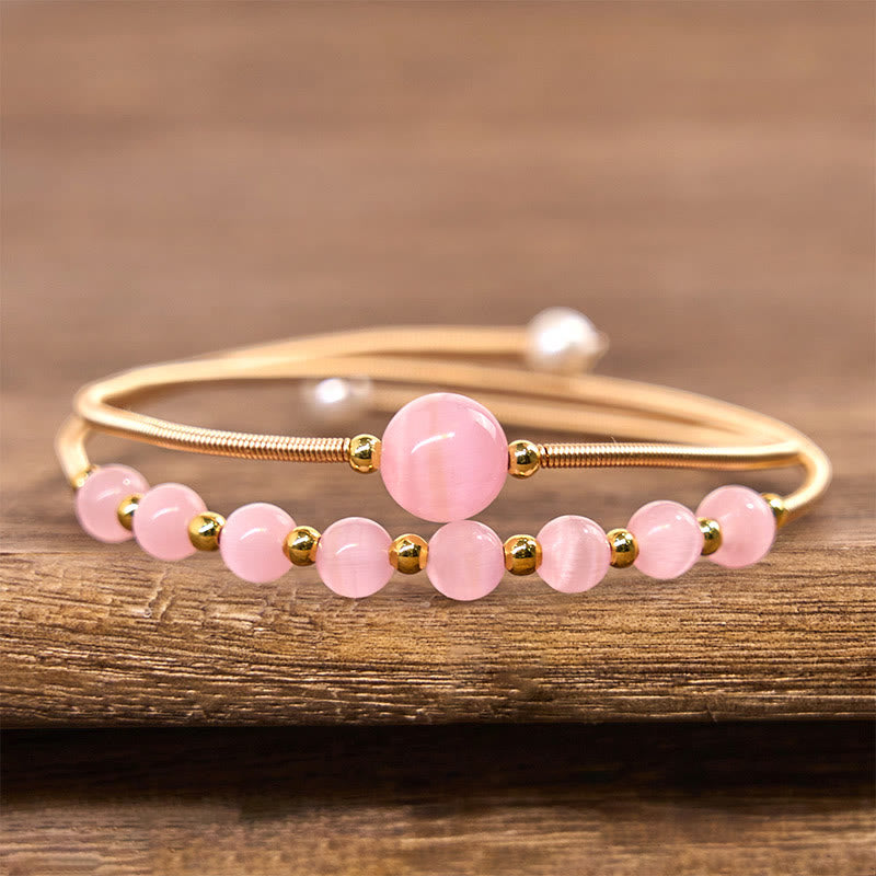 Buddha Stones 14K Gold Filled Copper Pink Cat Eye Support Metal Cuff Bracelet Bangle - image 2