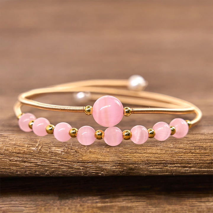 Buddha Stones 14K Gold Filled Copper Pink Cat Eye Support Metal Cuff Bracelet Bangle - image 2