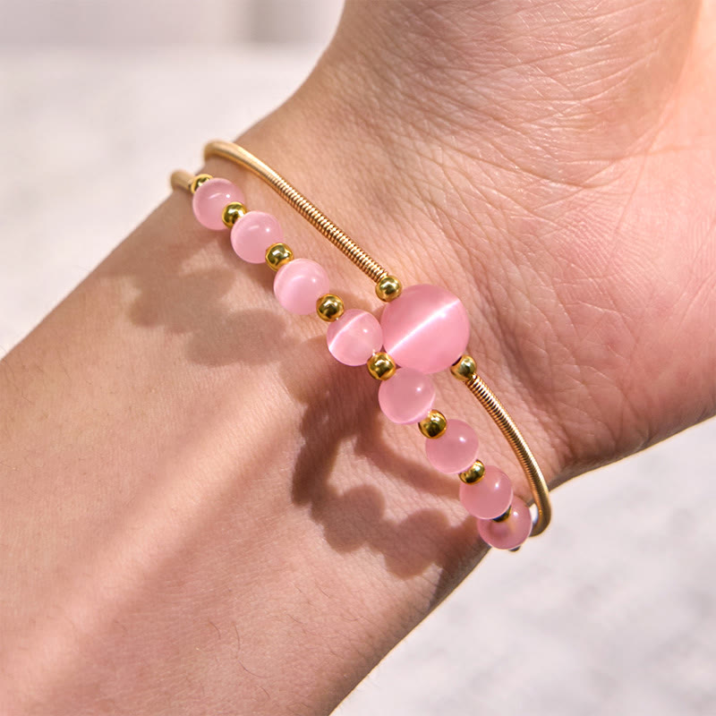 Buddha Stones 14K Gold Filled Copper Pink Cat Eye Support Metal Cuff Bracelet Bangle - image 5