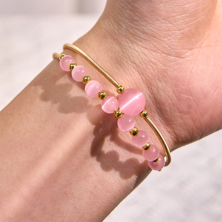 Buddha Stones 14K Gold Filled Copper Pink Cat Eye Support Metal Cuff Bracelet Bangle - image 5