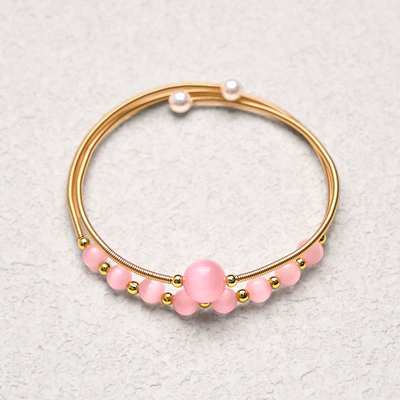 Buddha Stones 14K Gold Filled Copper Pink Cat Eye Support Metal Cuff Bracelet Bangle - image 4