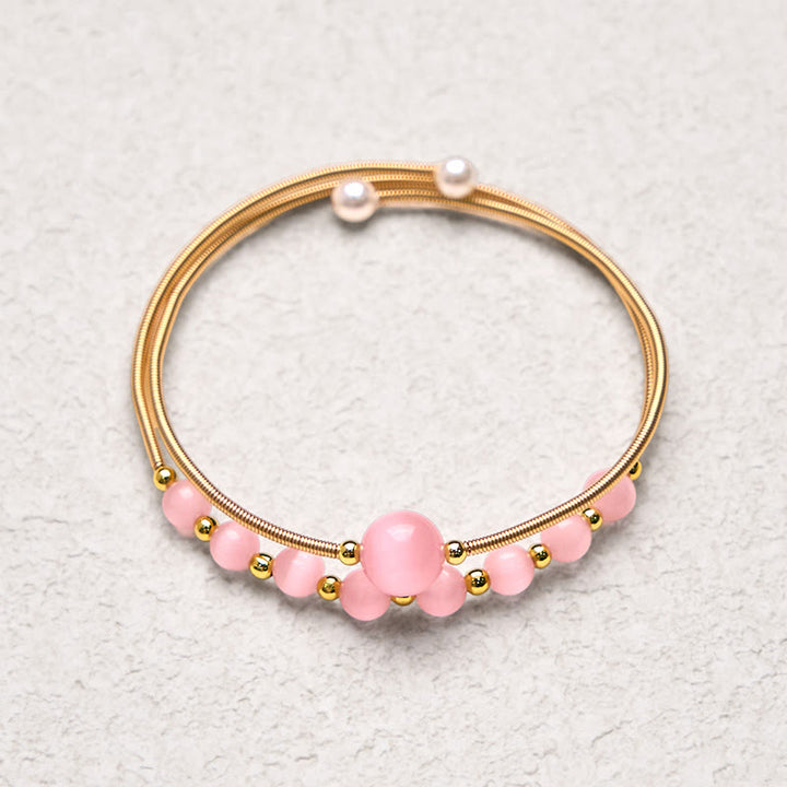 Buddha Stones 14K Gold Filled Copper Pink Cat Eye Support Metal Cuff Bracelet Bangle - image 4