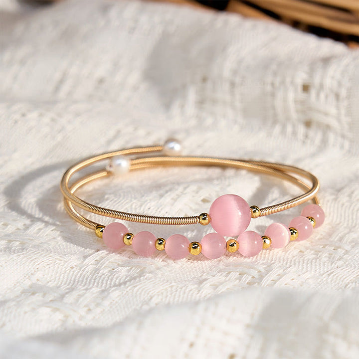 Buddha Stones 14K Gold Filled Copper Pink Cat Eye Support Metal Cuff Bracelet Bangle - image 3
