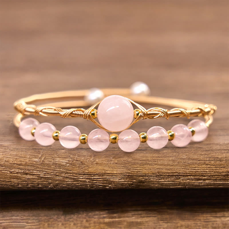 Buddha Stones Natural Rose Quartz Love Healing Metal Cuff Bracelet Bangle - image 2