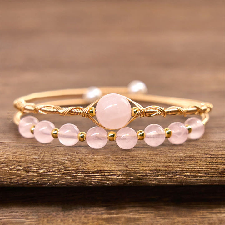 Buddha Stones Natural Rose Quartz Love Healing Metal Cuff Bracelet Bangle - image 2