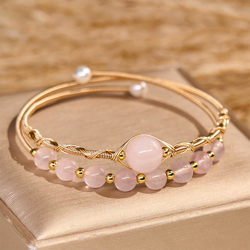 Buddha Stones Natural Rose Quartz Love Healing Metal Cuff Bracelet Bangle - Rose Quartz(Wrist Circumference 14-16 cm) - image 1