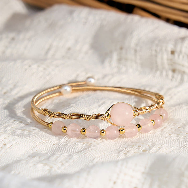 Buddha Stones Natural Rose Quartz Love Healing Metal Cuff Bracelet Bangle - image 3