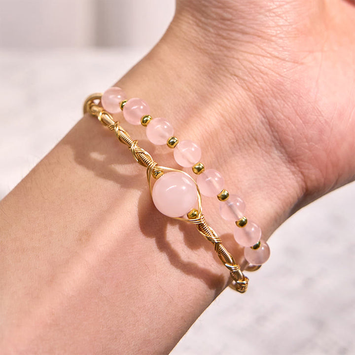 Buddha Stones Natural Rose Quartz Love Healing Metal Cuff Bracelet Bangle - image 5