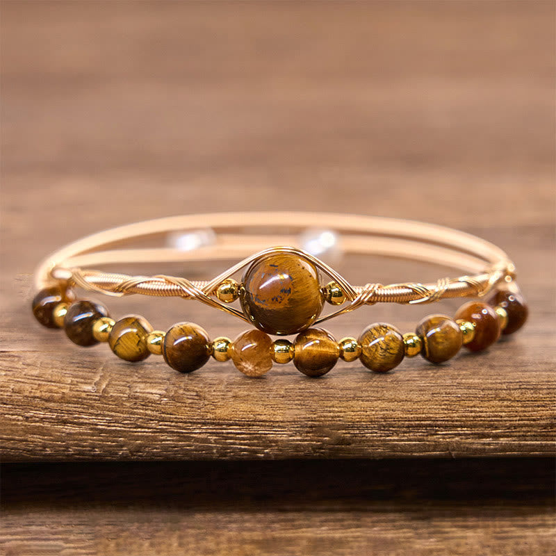 Buddha Stones 14K Gold Filled Copper Natural Tiger Eye Protection Metal Cuff Bracelet Bangle - image 2