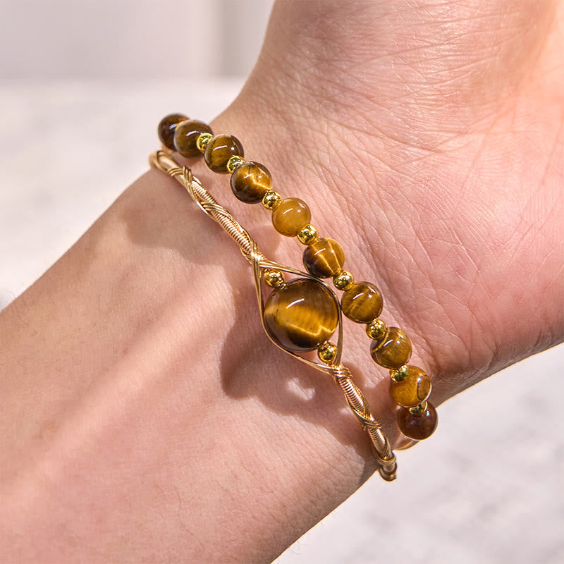 Buddha Stones 14K Gold Filled Copper Natural Tiger Eye Protection Metal Cuff Bracelet Bangle - image 5