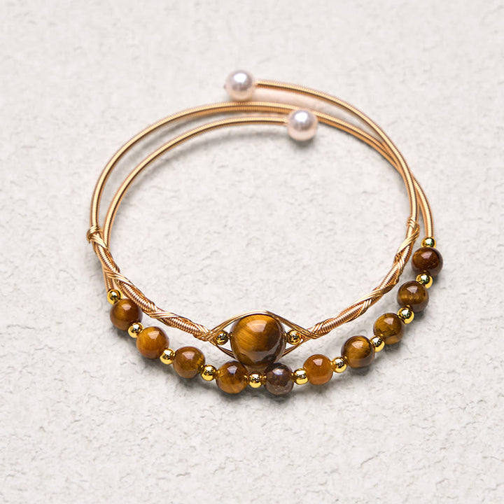 Buddha Stones 14K Gold Filled Copper Natural Tiger Eye Protection Metal Cuff Bracelet Bangle - image 4