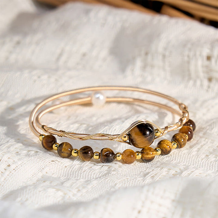 Buddha Stones 14K Gold Filled Copper Natural Tiger Eye Protection Metal Cuff Bracelet Bangle - image 3