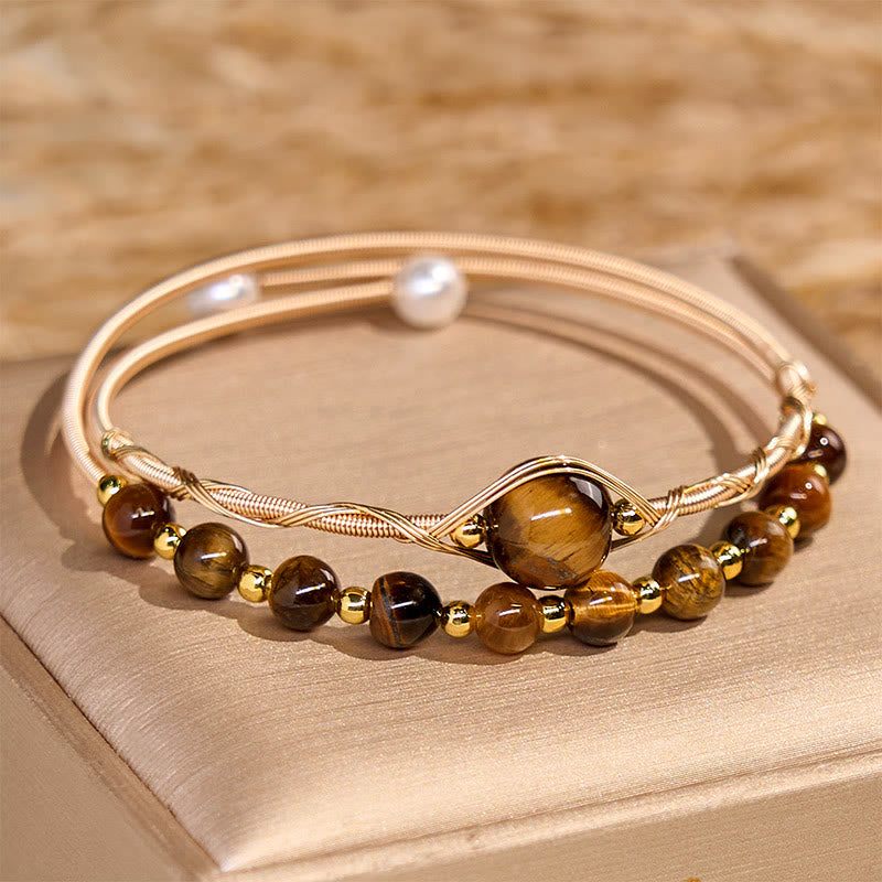 Buddha Stones 14K Gold Filled Copper Natural Tiger Eye Protection Metal Cuff Bracelet Bangle - Tiger Eye(Wrist Circumference 14-16 cm) - image 1
