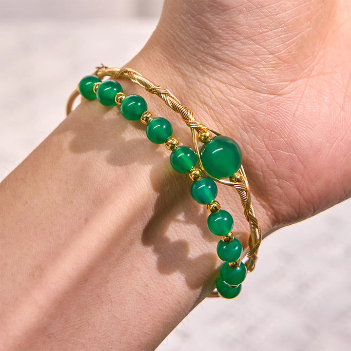 Buddha Stones 14K Gold Filled Copper Natural Green Agate Power Metal Cuff Bracelet Bangle - image 5
