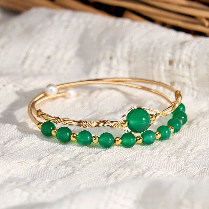 Buddha Stones 14K Gold Filled Copper Natural Green Agate Power Metal Cuff Bracelet Bangle - image 3
